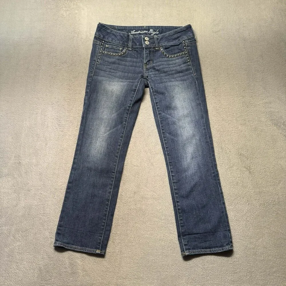 American Eagle Womens 2 Regular Artist Crop Jeans Dark Wash Studded Denim EUC